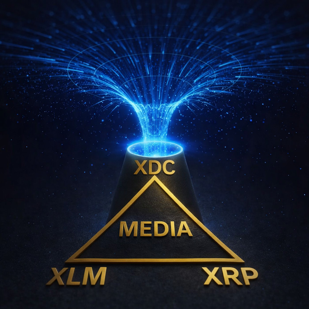 Blue black hole portal teleporting XDC into a gold triangle token economy, with gold XDC symbols surrounding the structure and media at the center.